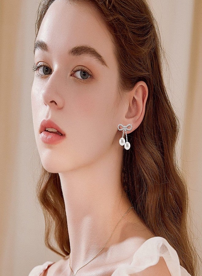 PLwelth Rhinestone Bow Earrings for Women Cute Pearl Drop Dangle Earrings Sparkle Sliver Tassel Earring Bow Statement Earring for Wedding Bridal Prom Birthday Christmas Gifts Stocking Stuffers - Image 4